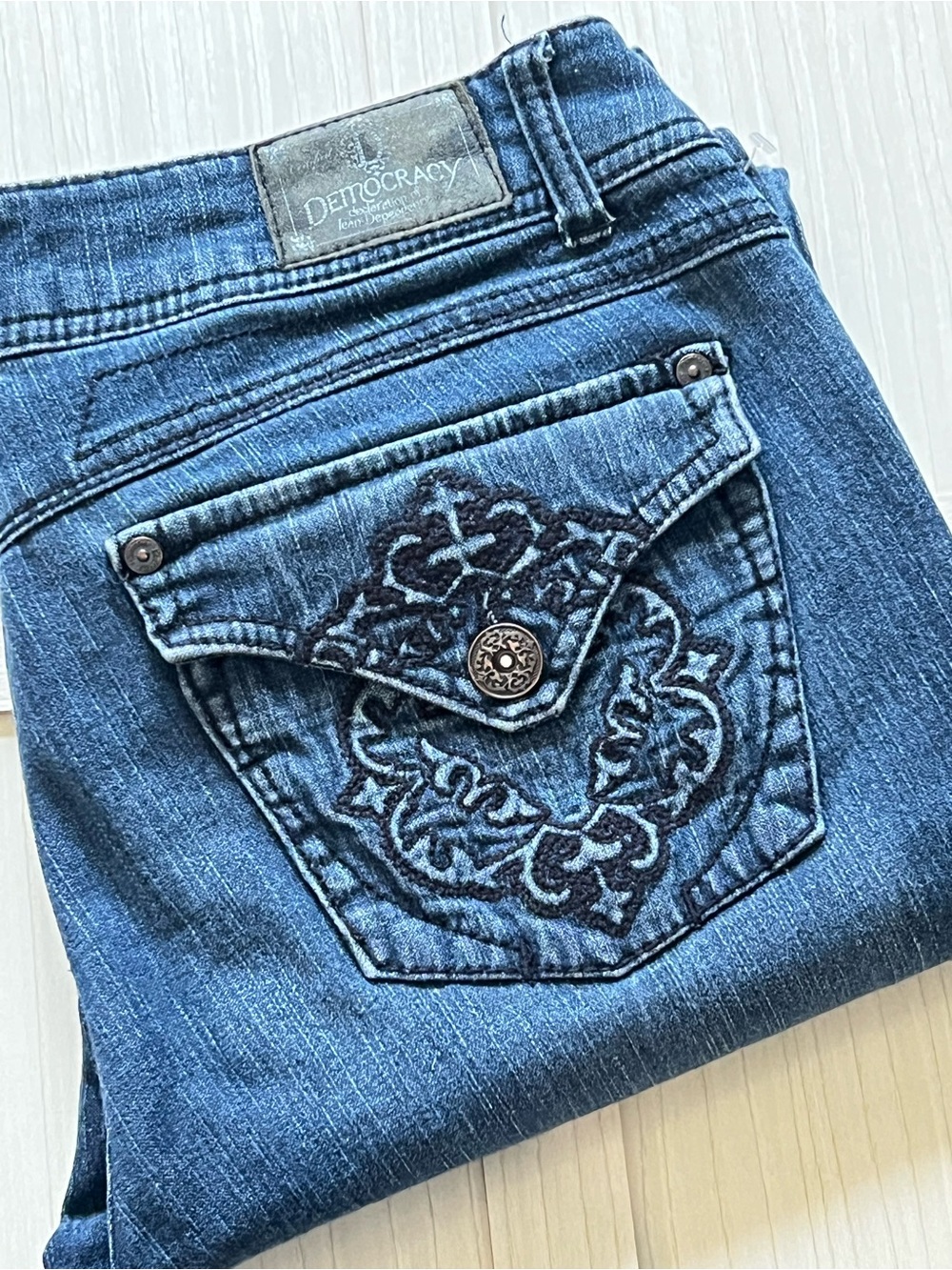Democracy Women's 12 Revolution Boot Blue Embroidered Pocket Jeans